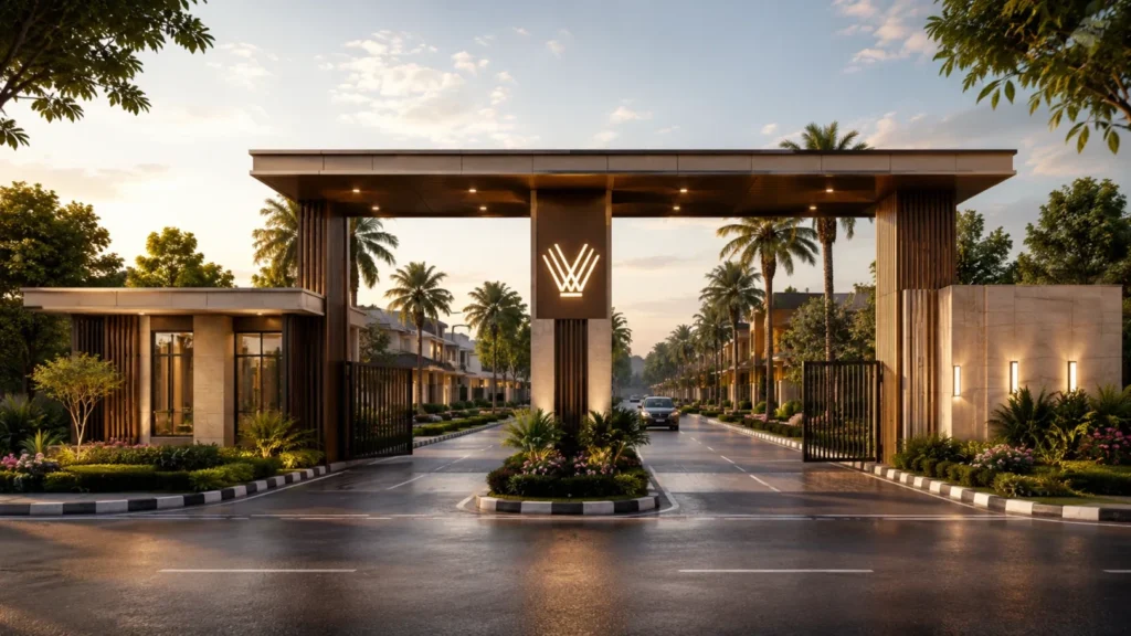 Grand entrance of Navraj Faridabad Township in Sector 110 featuring a gated community, wide internal roads, landscaped surroundings, and modern residential infrastructure near IMT Faridabad